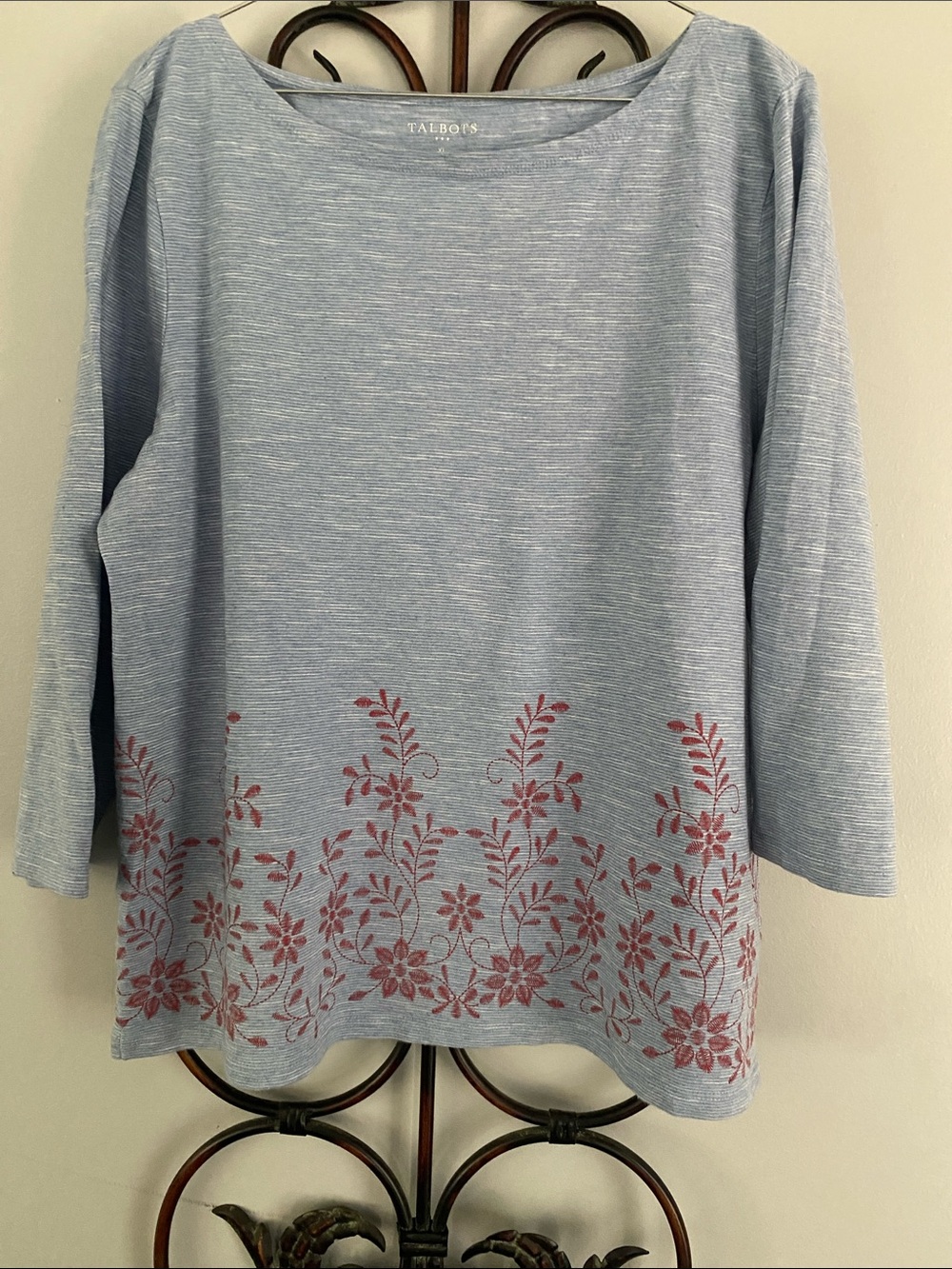 Talbots Light Blue Boatneck Top with Pale Red Floral Border